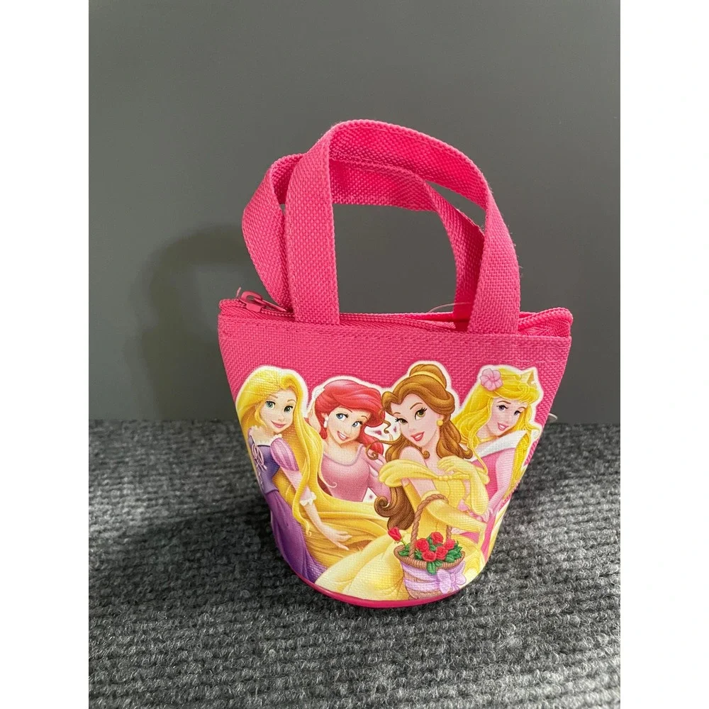 Disney Princess Mini Tote Bag Pink Canvas Zip Pouch Rapunzel Ariel Belle Aurora
